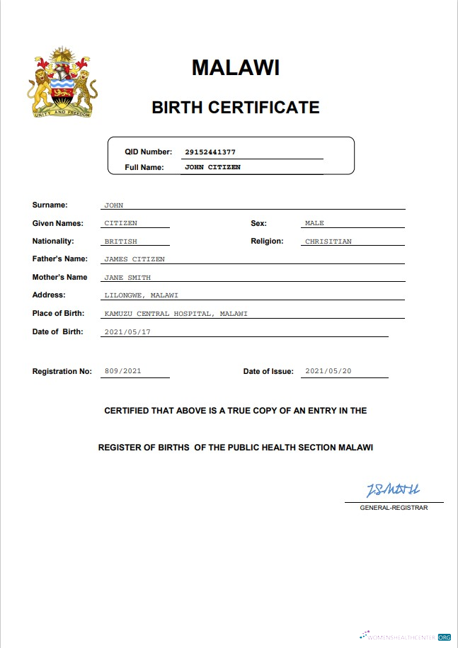 Download Malawi birth certificate Word and PDF template, completely editable Photoshop template